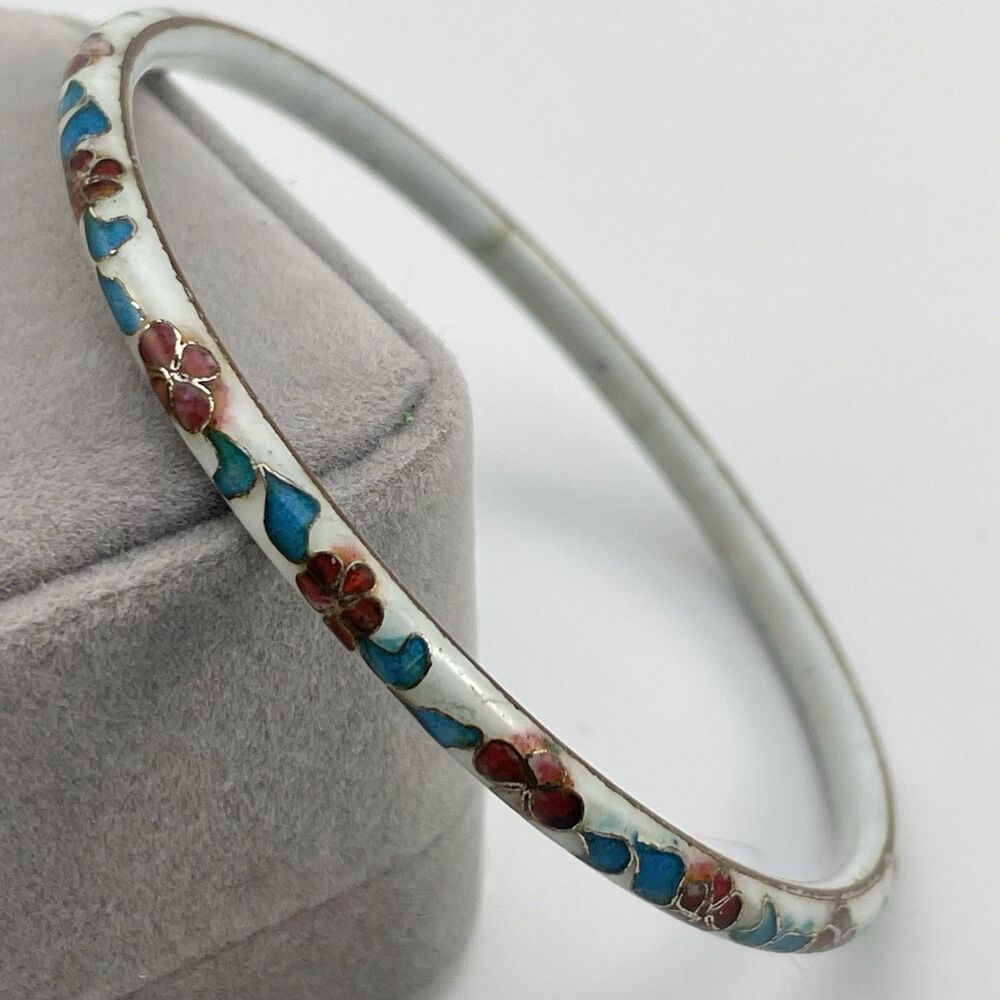 Rare Vintage Chinese Cloisonne Enamel Metal Bangle Bracelet 8" White Red Green